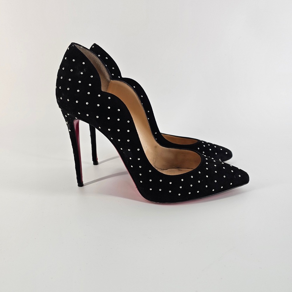 Christian Louboutin Hot Chick 100 Black Suede Pumps Silver Studed Scalloped 39.5